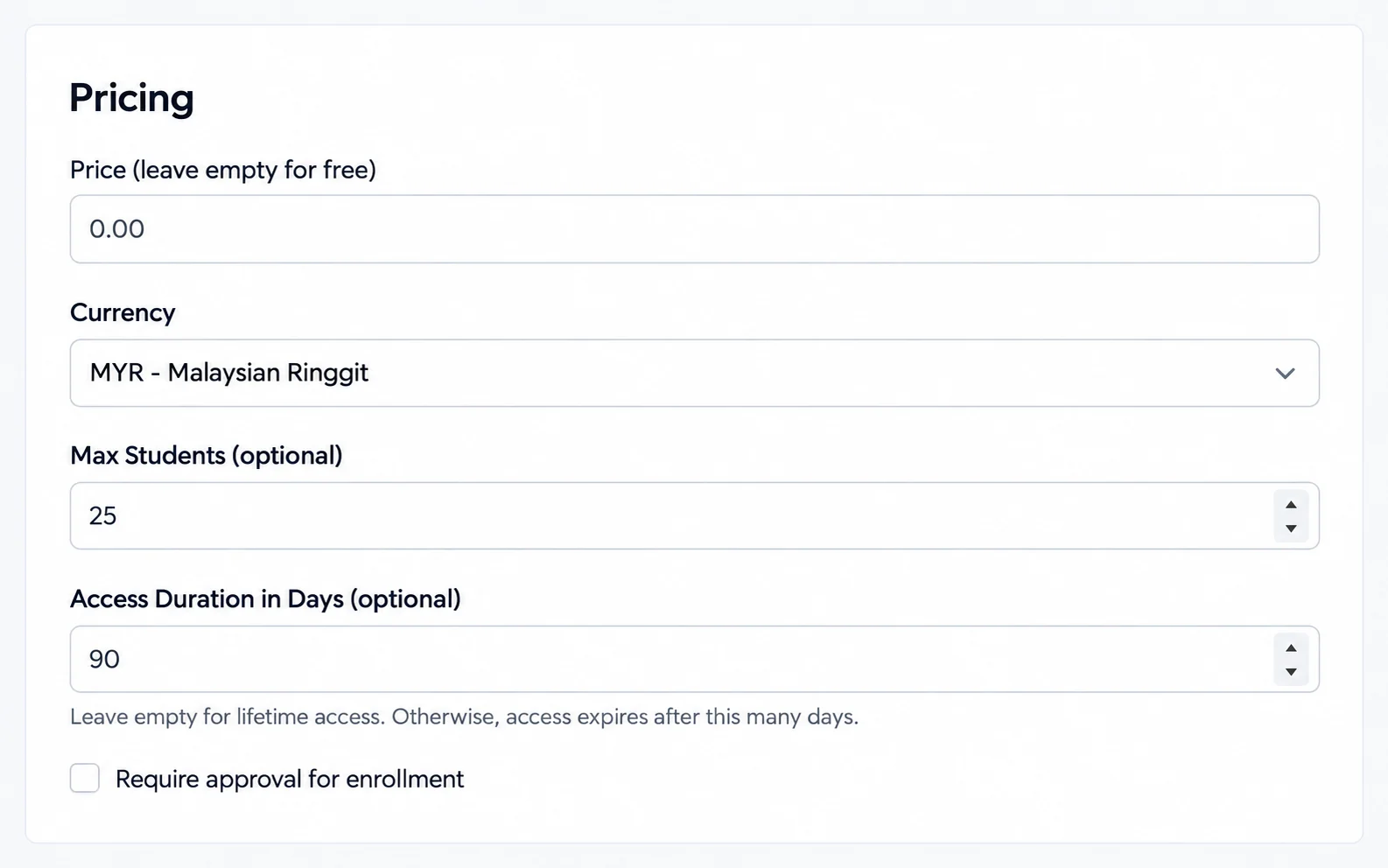 Illustrated course setup showing price, currency, duration and approval.