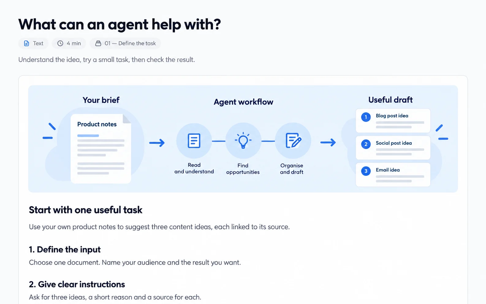 Illustrated AI Agent lesson preview with a brief-to-draft content diagram.