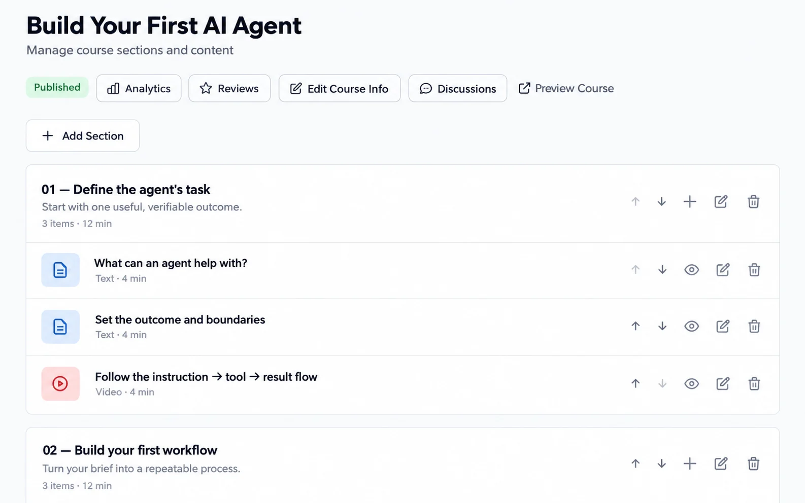 Illustrated course curriculum for Build Your First AI Agent, with sections and lessons.